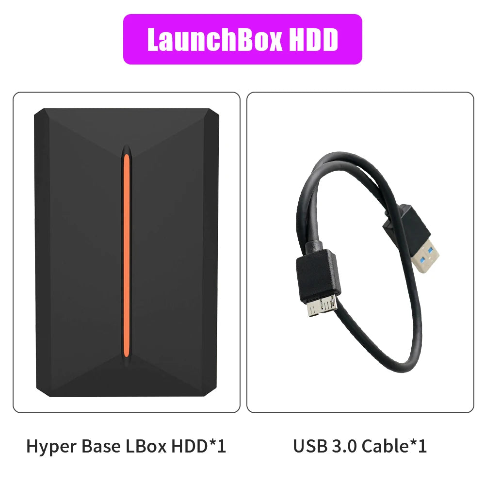 Black portable external hard drive with a central vertical orange light strip and a USB 3.0 cable.