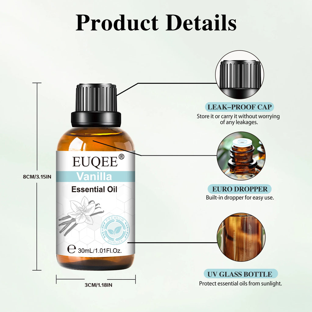30ml vanilla essential oil in an amber glass bottle with a leak-proof cap, euro dropper, and UV-protective finish.