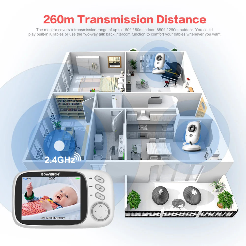 An illustration of a multi-room house with two baby cameras and a parent monitor showing a baby in a crib.