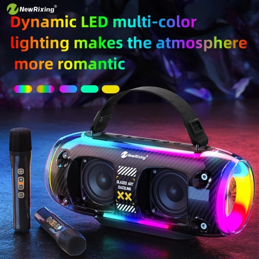 Portable wireless speaker with carry handle, vibrant LED lighting effects, and two matching microphones.