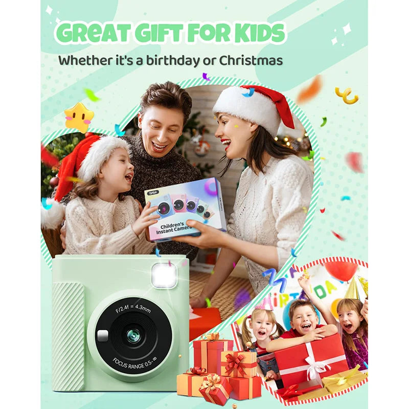 Mint green plastic instant camera for children with a built-in flash and 4.3mm lens.