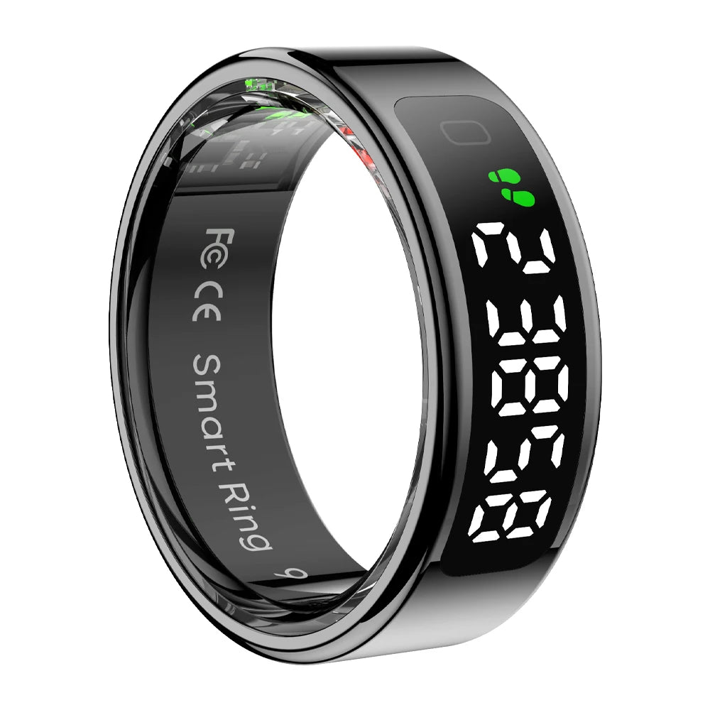 Glossy black smart fitness ring with a digital display showing step count and health data.