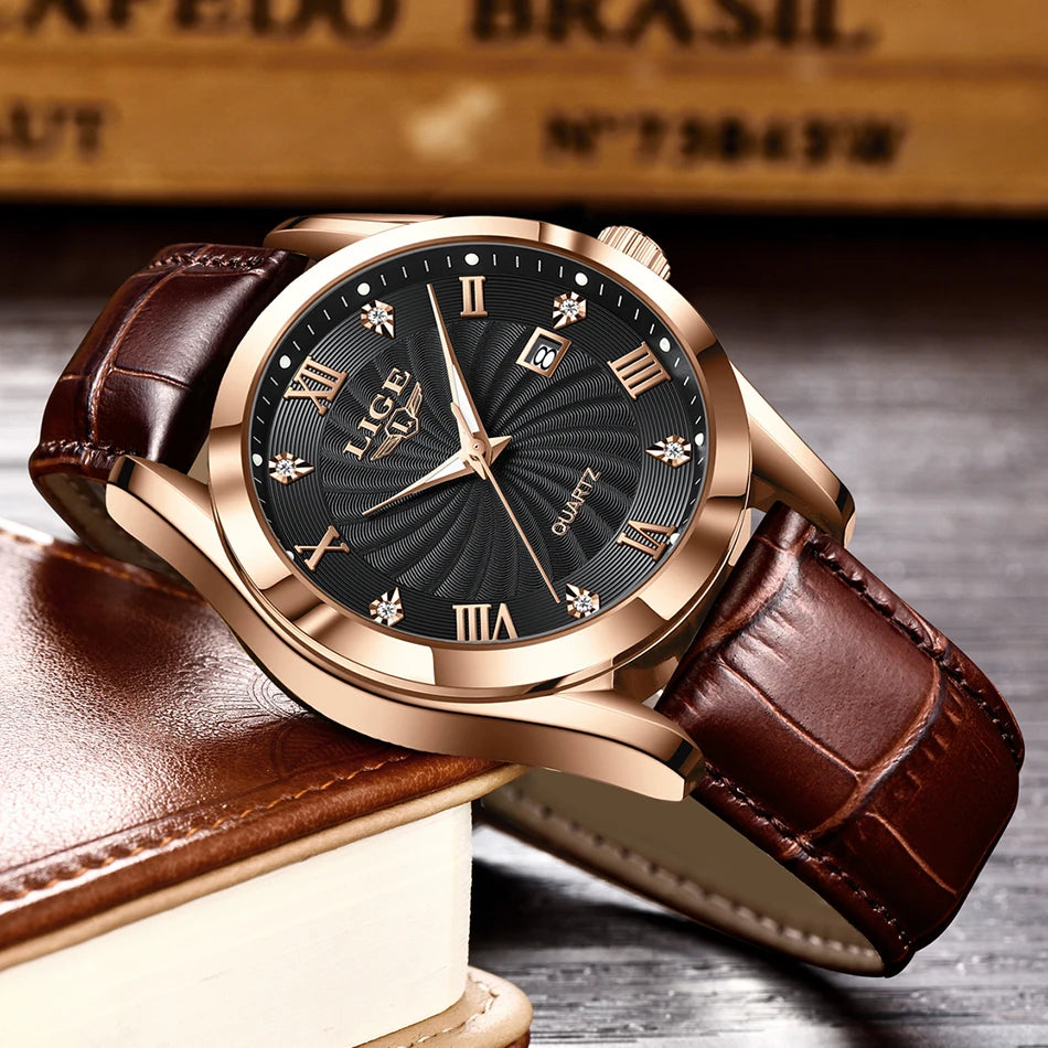 Elegant quartz watch with a rose gold case, black patterned dial, crystal accents, and a brown leather strap.