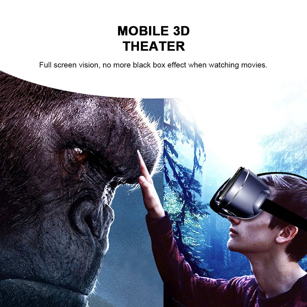 A person wearing a sleek, metallic silver VR headset, experiencing an immersive 3D jungle movie scene.