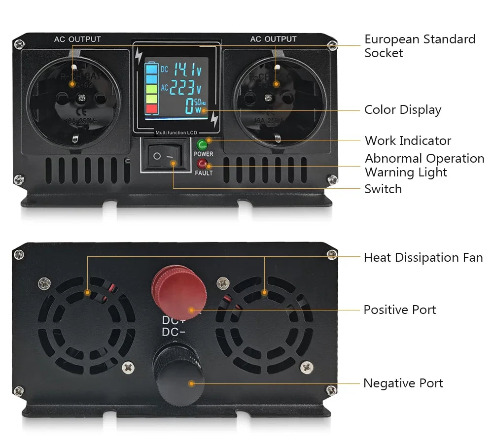 Black power inverter with front LCD display, two European sockets, indicator lights, and rear cooling fans/terminals.