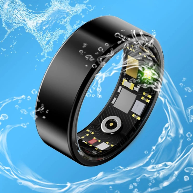 Sleek black smart fitness ring with exposed internal sensors and circuitry, displayed against a blue water splash.