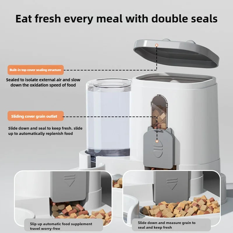 White automatic pet feeder with an integrated water fountain and sliding food seal to keep kibble fresh.