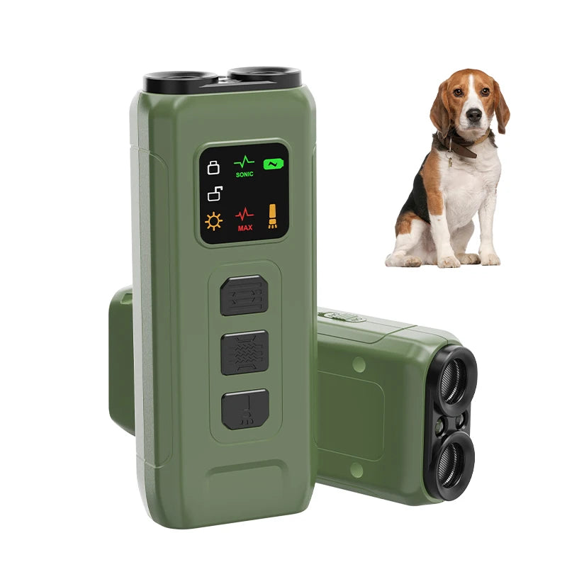 Olive green rechargeable dog training device with LED display, three control buttons, and dual ultrasonic emitters.