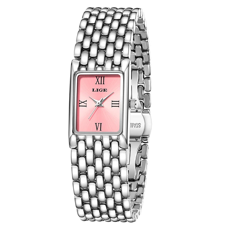 Elegant ladies' watch with a pink square dial and Roman numerals, featuring a polished silver stainless steel bracelet.