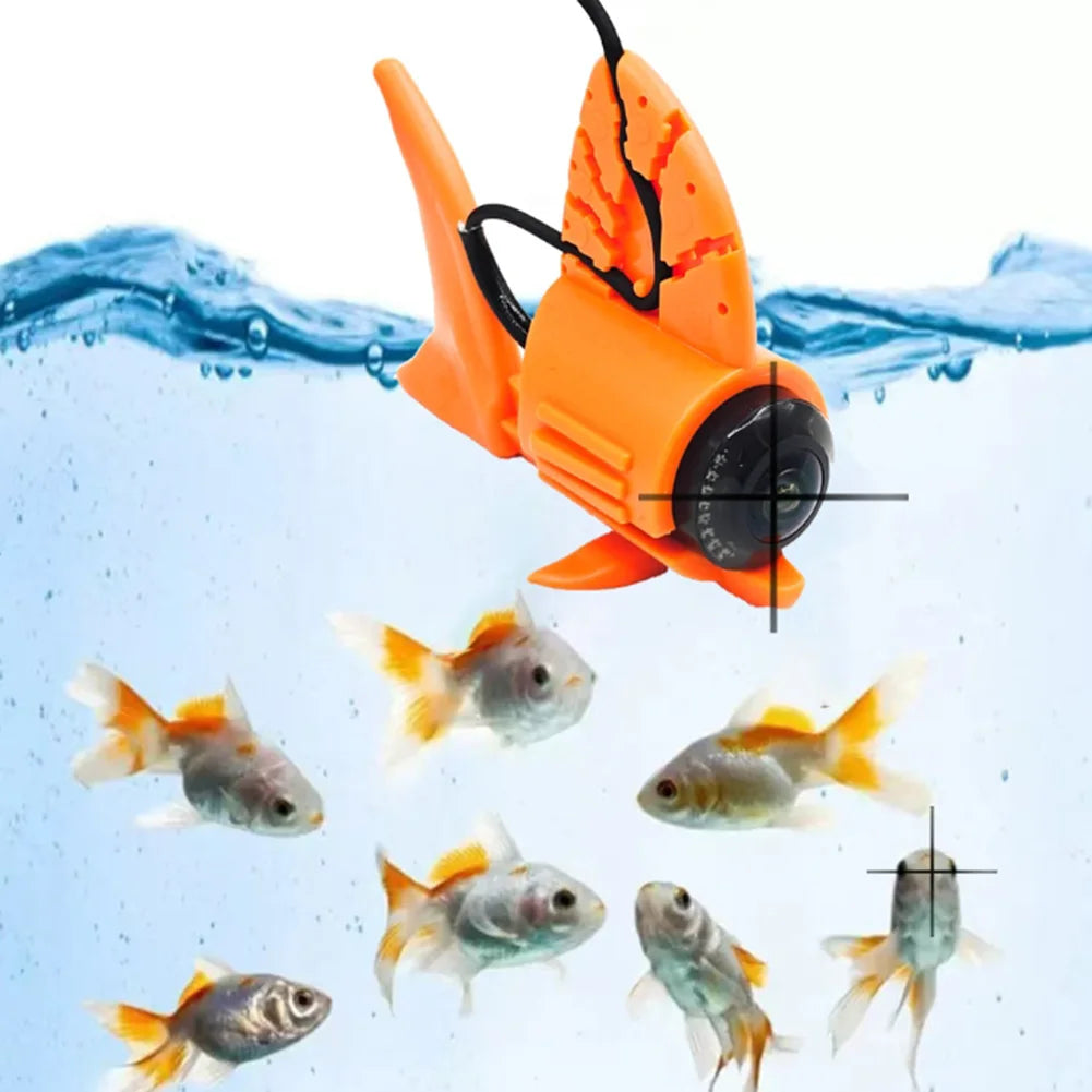 Bright orange, fish-shaped underwater camera swimming among goldfish with an active targeting crosshair on display.