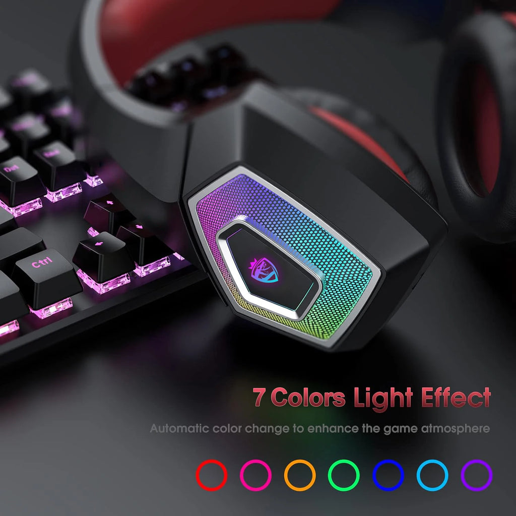 Black wired gaming headset with soft red padding and vibrant, multi-coloured RGB lighting on the ear cup.