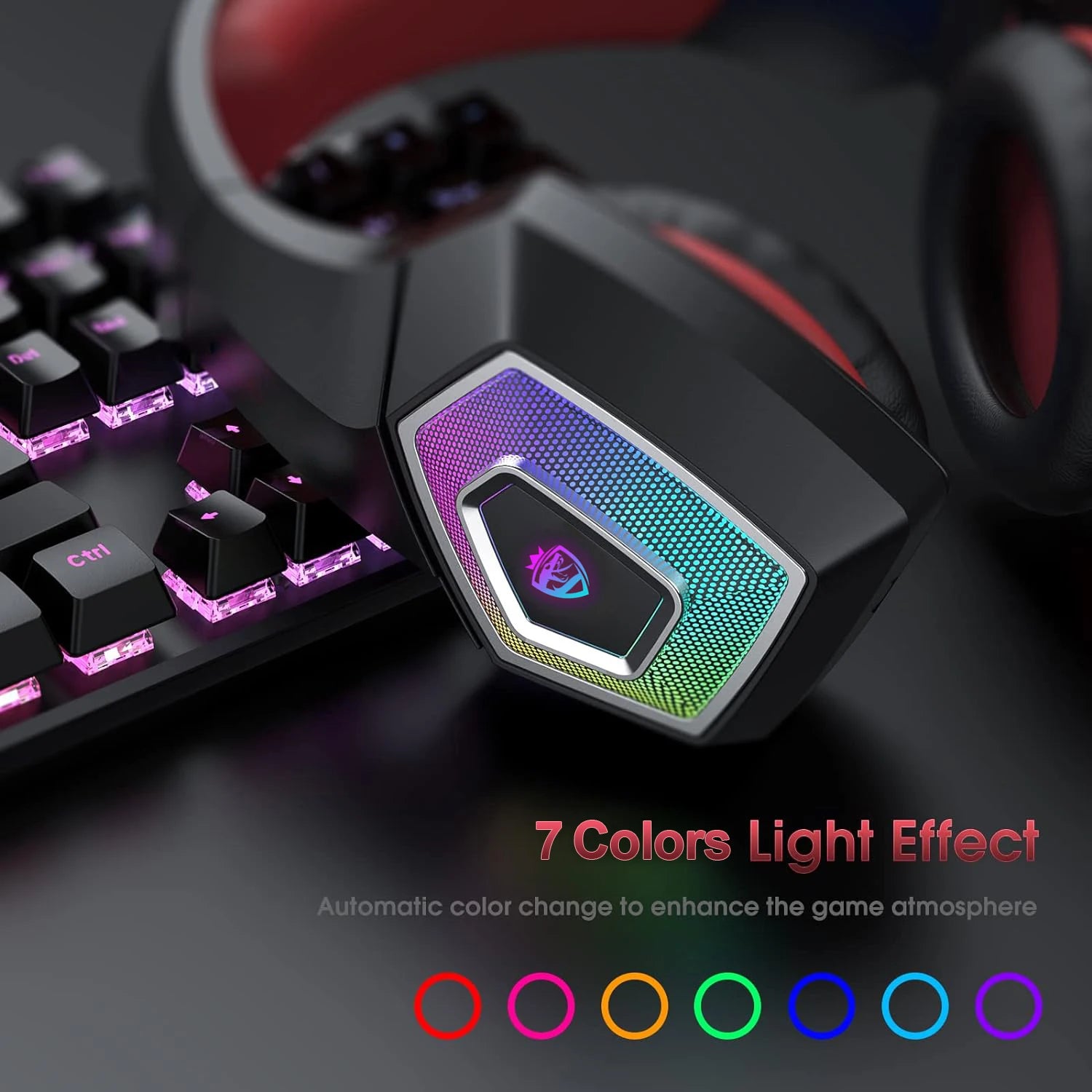 Black wired gaming headset with soft red padding and vibrant, multi-coloured RGB lighting on the ear cup.