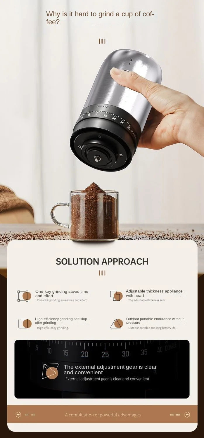 A hand holds a sleek, metallic portable coffee grinder over a glass mug filled with fresh coffee grounds.