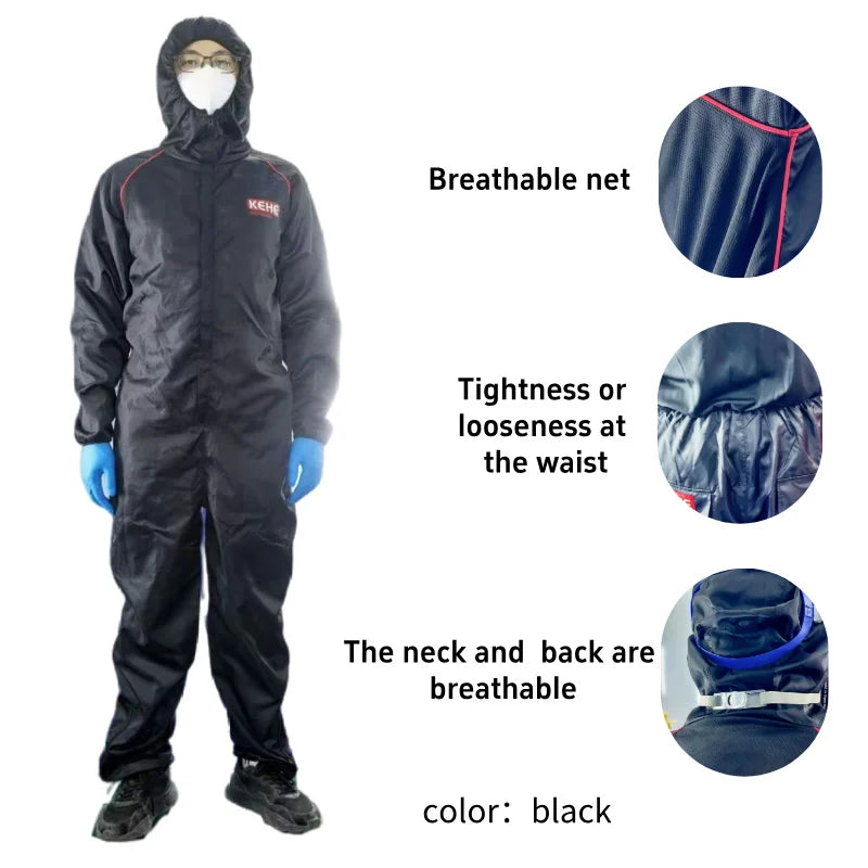 Black hooded protective jumpsuit with adjustable waist, breathable mesh back, and neck ventilation.