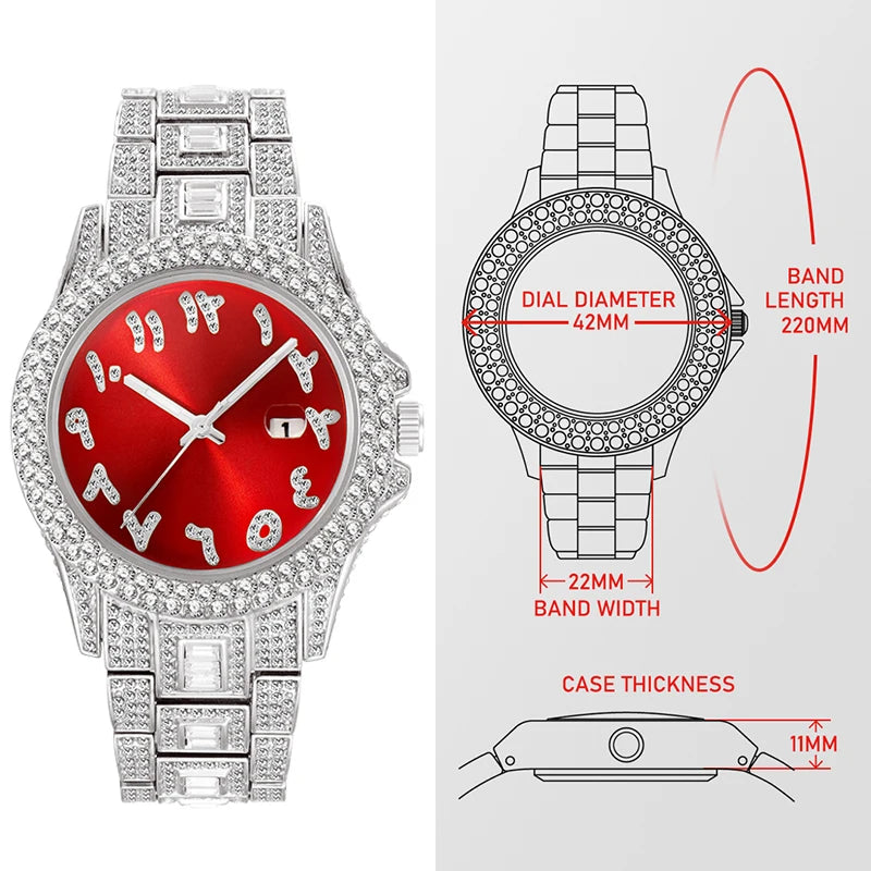 Elegant women’s silver-tone watch with a red dial, diamond-accented bezel and strap, plus detailed size specifications.