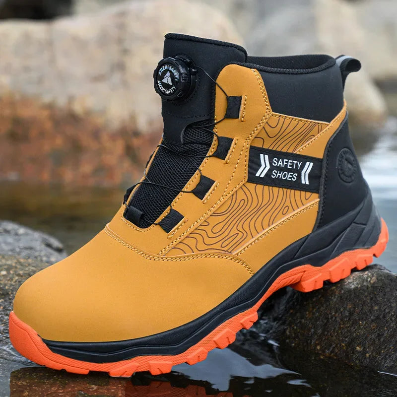 Yellow and black high-top safety work boot with a rotating lacing dial, steel toe cap, and orange treaded outsole.