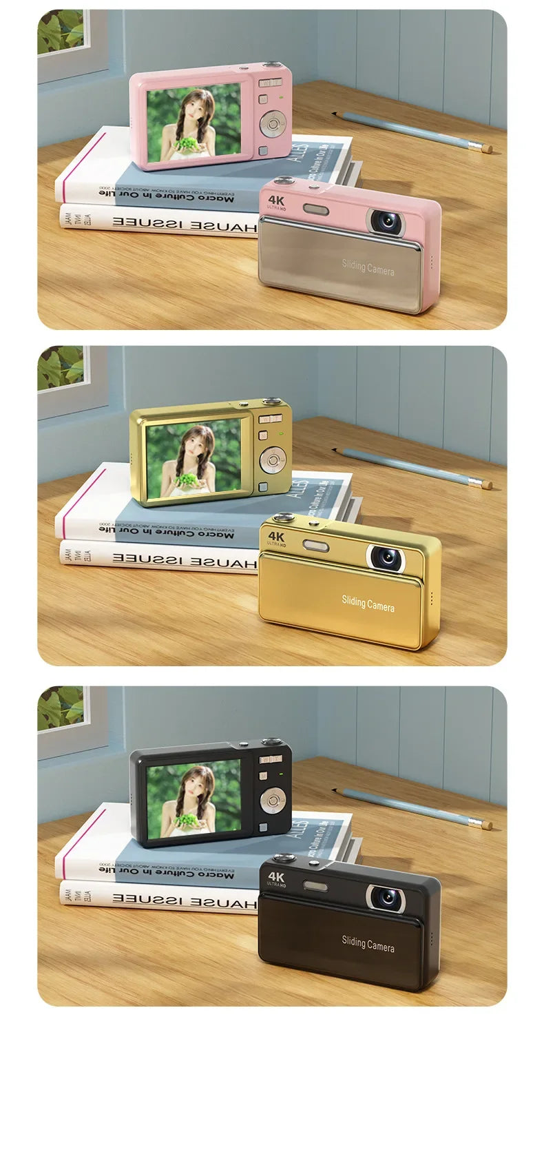 Three compact 4K sliding-lens digital cameras in pink, gold, and black displayed on books atop a wooden desk.