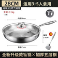 A 28cm titanium frying pan with a glass lid, long handle, and a spatula, featuring dimension labels and Chinese text.
