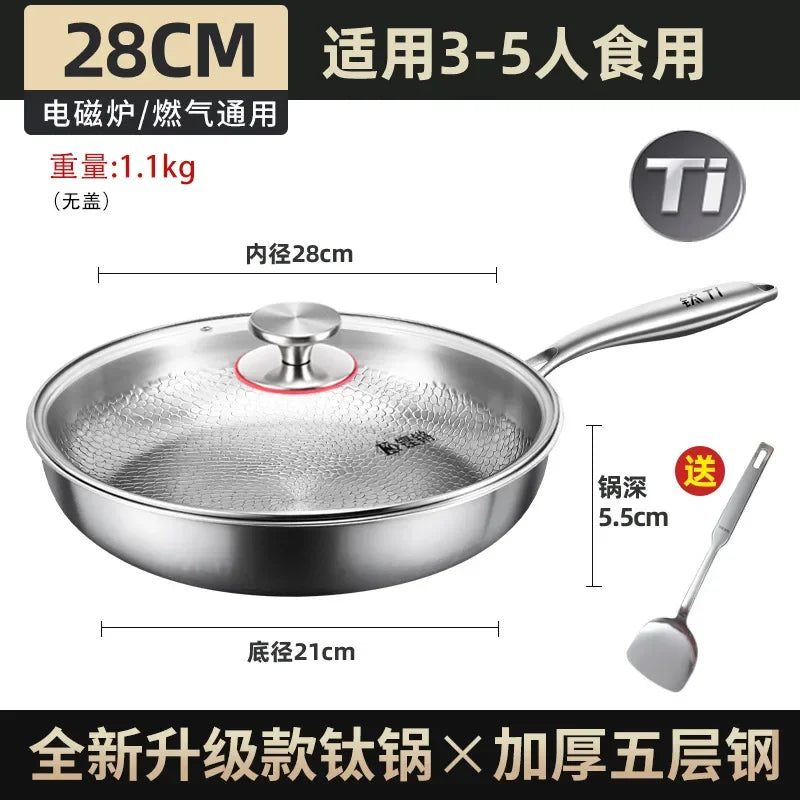 A 28cm titanium frying pan with a glass lid, long handle, and a spatula, featuring dimension labels and Chinese text.