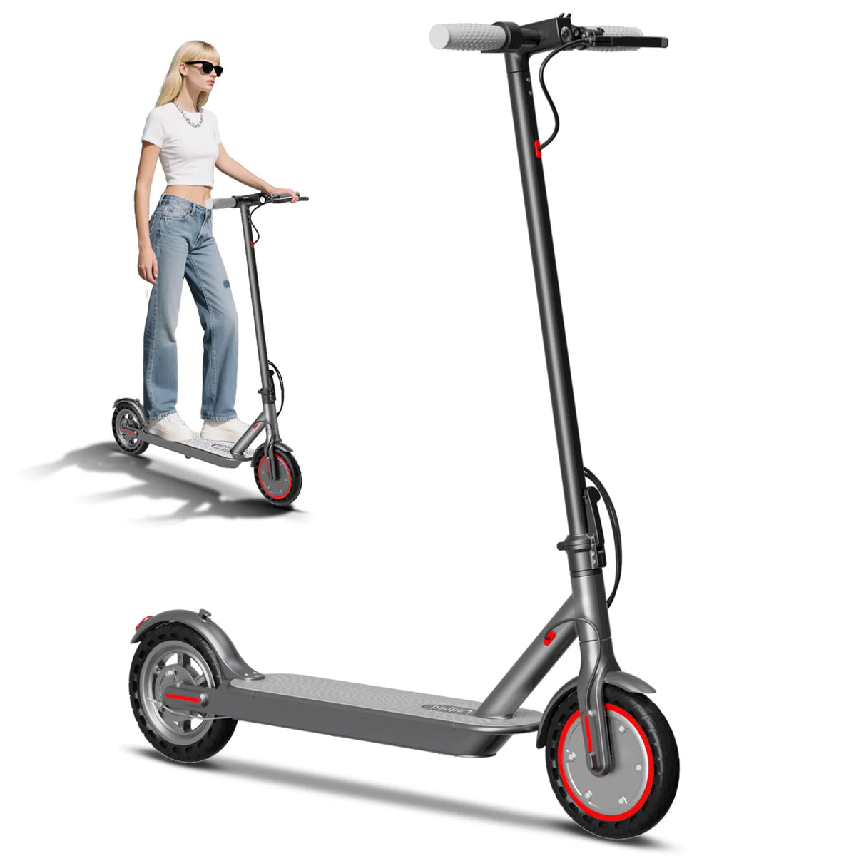 Dark gray foldable electric scooter with 8.5-inch tires, red accents, and a woman riding in the background.