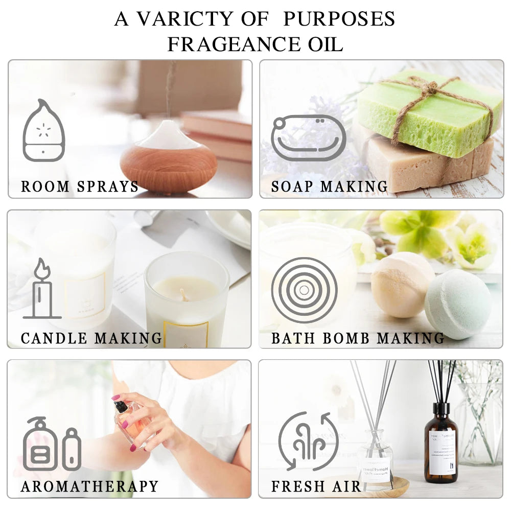 Collage showing fragrance oil uses: diffusers, soap, candles, bath bombs, aromatherapy, and reed diffusers.