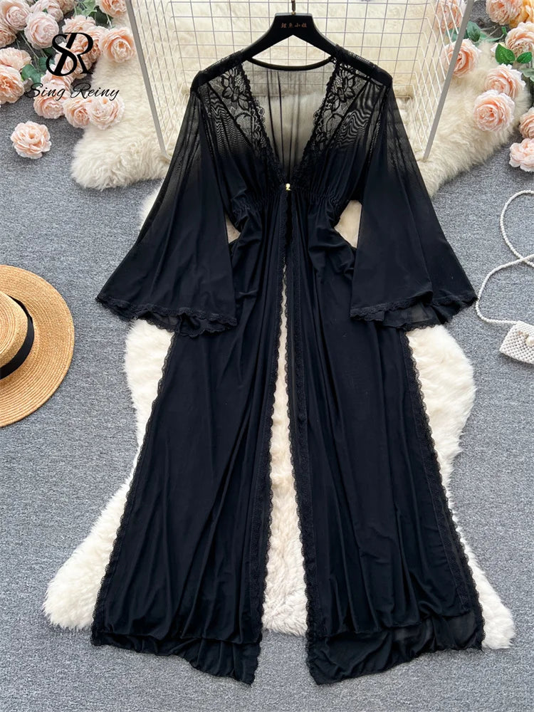 Black sheer mesh long-sleeve robe with lace trim, V-neck, and open front.
