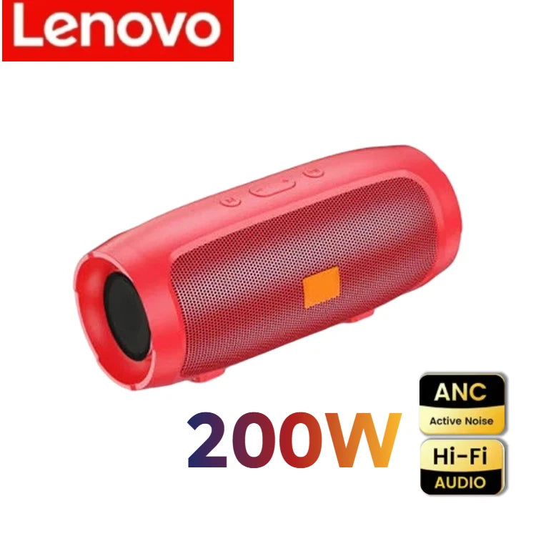 Cylindrical red portable wireless Bluetooth speaker with top-mounted buttons, 200W power, ANC, and Hi-Fi audio features.