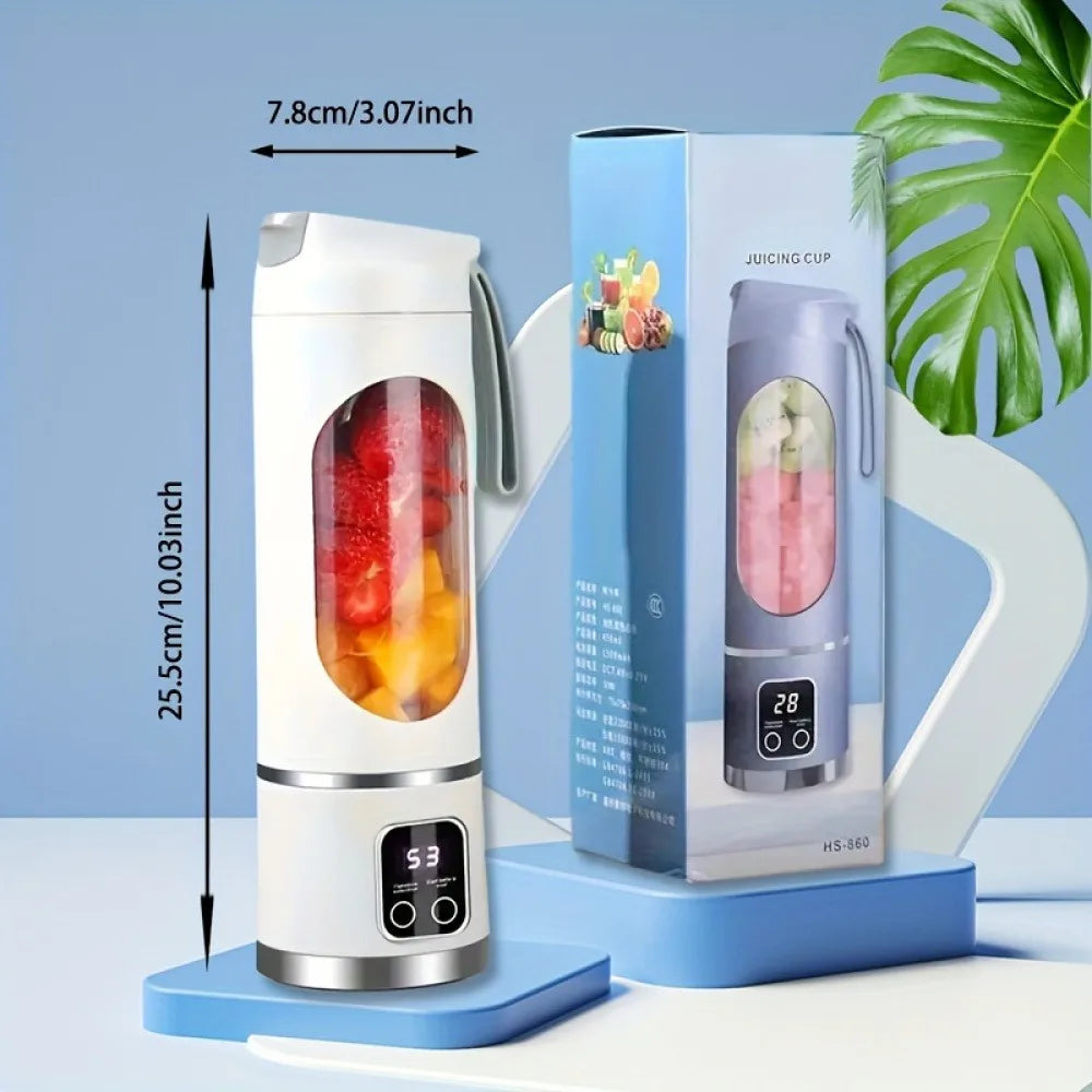 White portable electric juicer cup with a digital display, transparent fruit chamber, and handle, plus its product box.