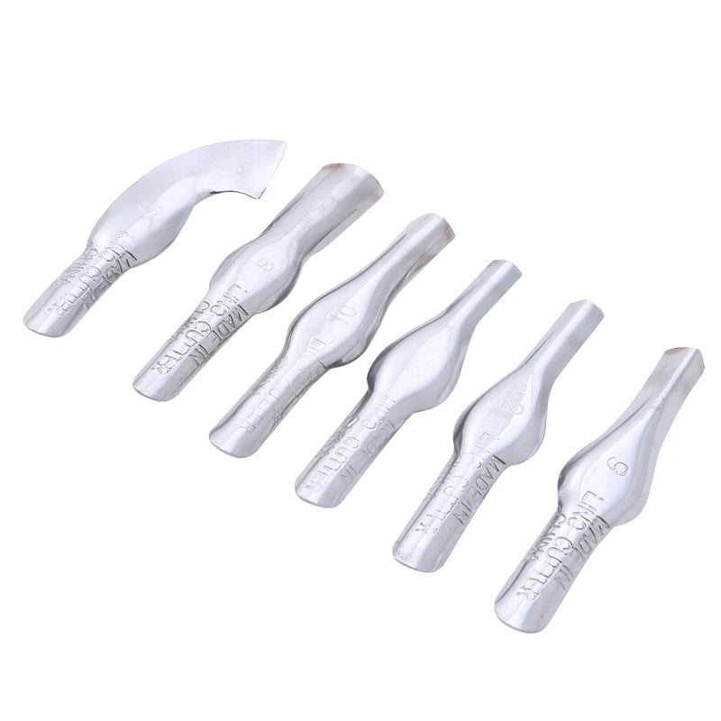Set of six silver-toned metal lino cutting blades with various nib shapes for carving and printmaking projects.
