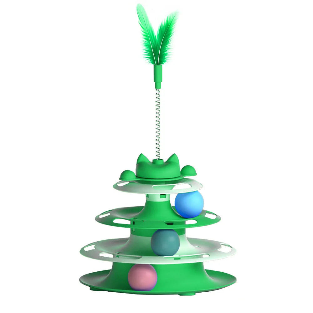 Green interactive 3-tier cat turntable toy with colourful balls and a spring-mounted feather teaser wand.