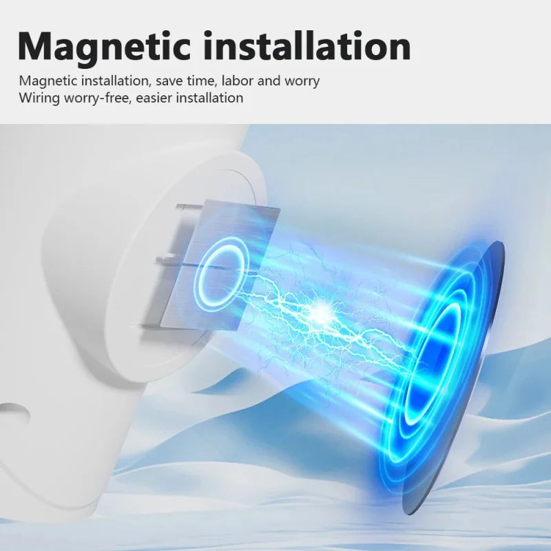 White rechargeable LED wall lamp showing magnetic, wire-free attachment with a glowing blue light effect.