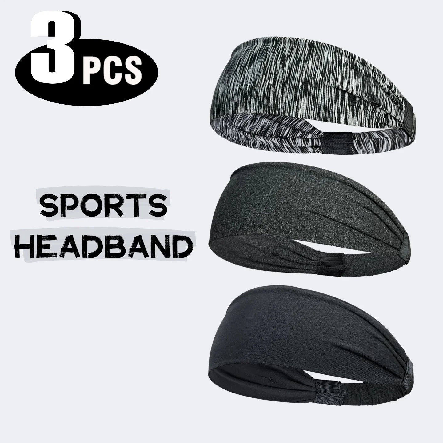 Three sports headbands in grey marl, dark grey, and black, featuring a wide design with elasticated back sections.