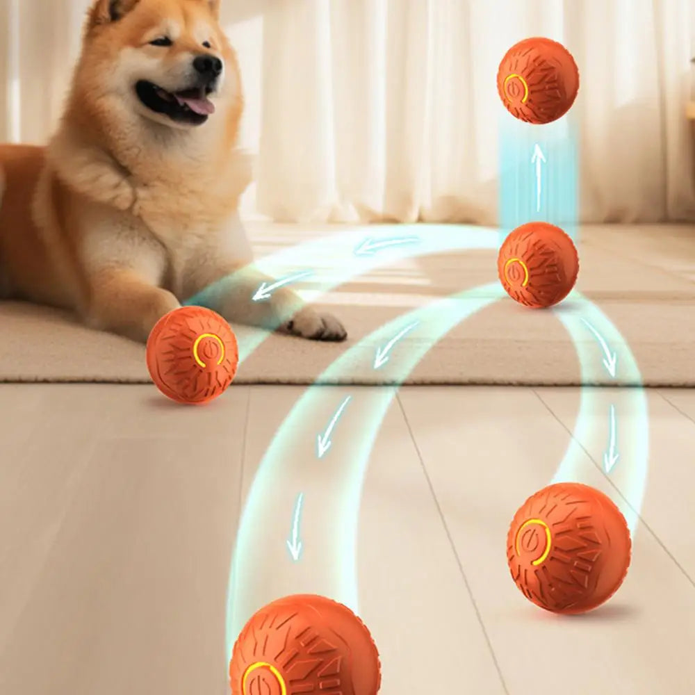 Orange textured automatic dog ball toy bouncing and moving across a floor with a happy dog watching in the background.