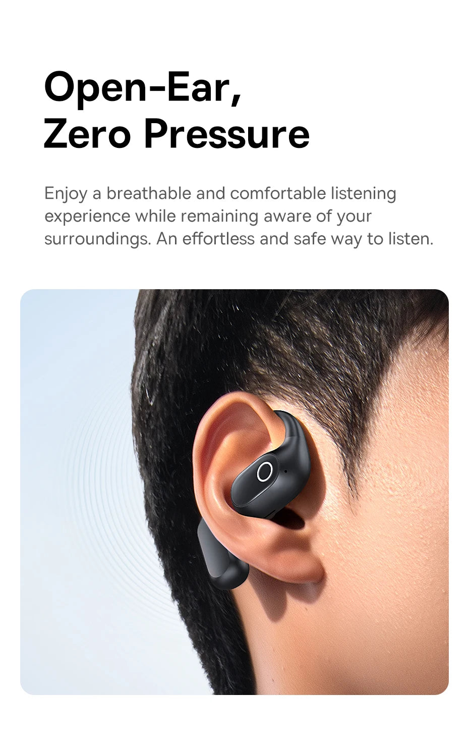 Sleek black open-ear wireless earbuds designed to sit comfortably on the outer ear.