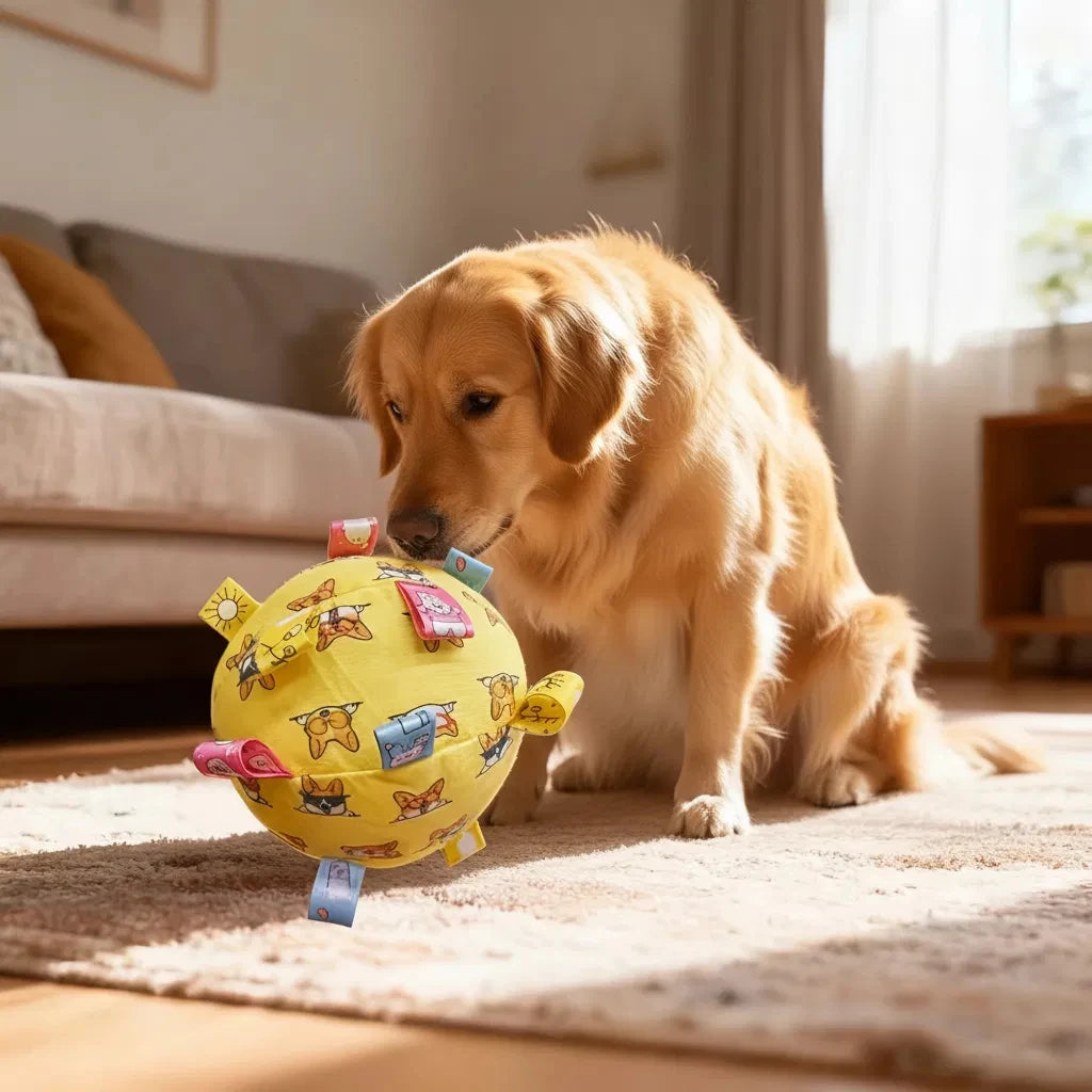 A golden retriever playing with a round, yellow fleece dog ball patterned with cartoon dogs and colourful fabric tabs.
