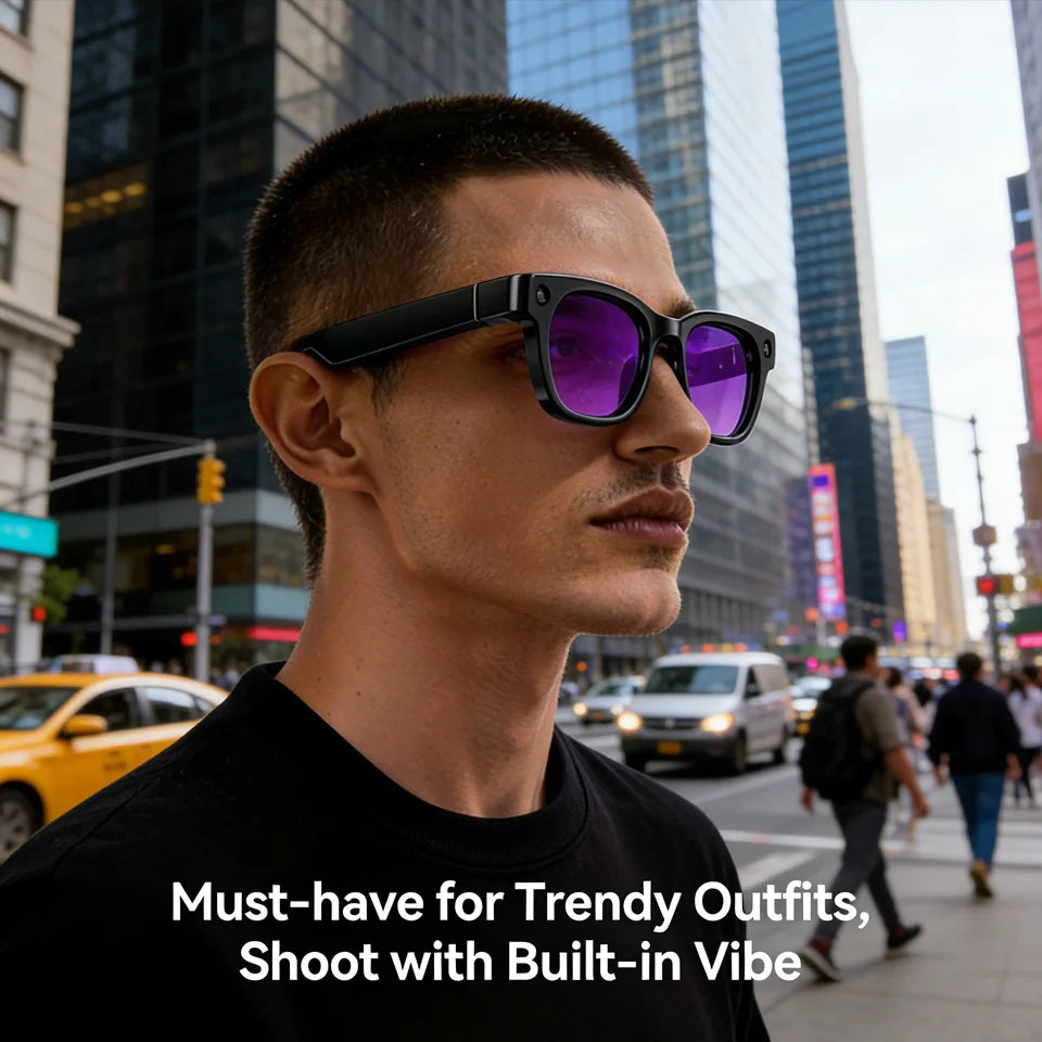 A man wearing stylish black smart glasses with purple-tinted lenses and a built-in camera, set on a busy city street.