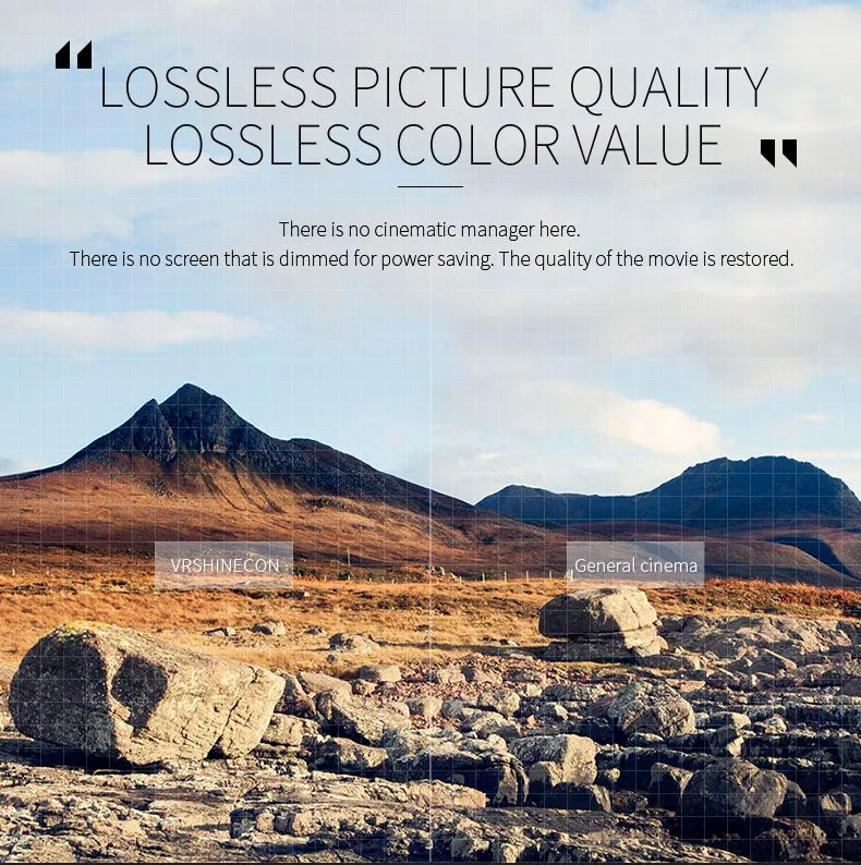 Split-screen comparison showing superior, vibrant mountain landscape colour quality on a VR headset versus standard.