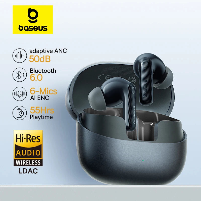 Dark grey wireless earbuds in a matching charging case with textured stem design. Features include ANC and long battery.