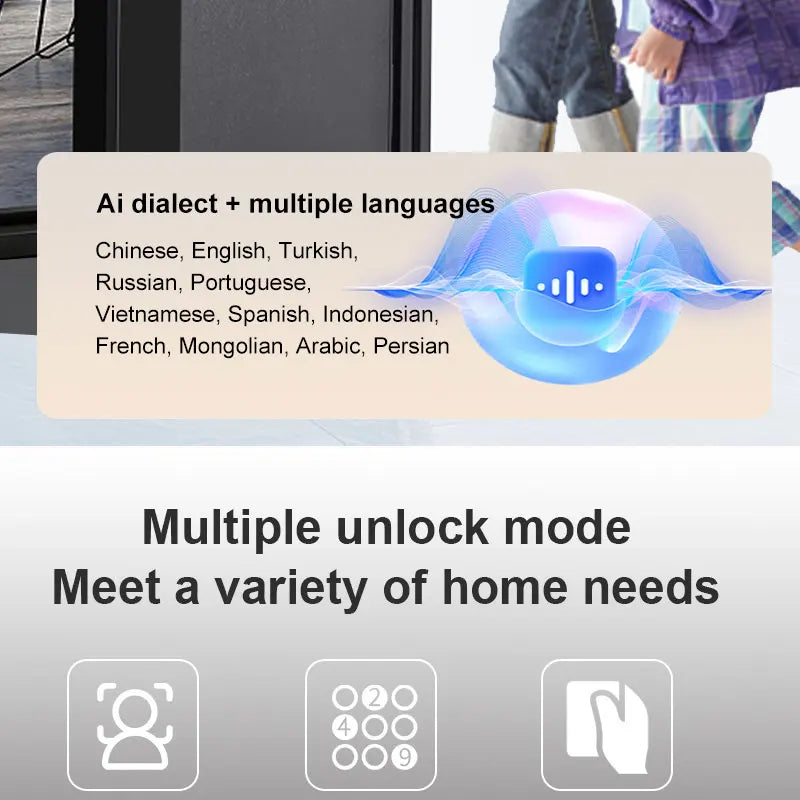Black smart door lock features AI voice recognition for multiple languages and icons for facial, PIN, and card access.