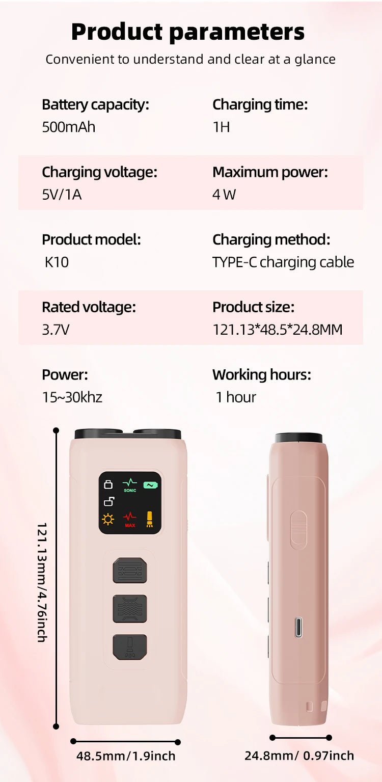 Rose-gold rechargeable dog training device with a digital display, buttons, and LED strobe, shown from front and side.