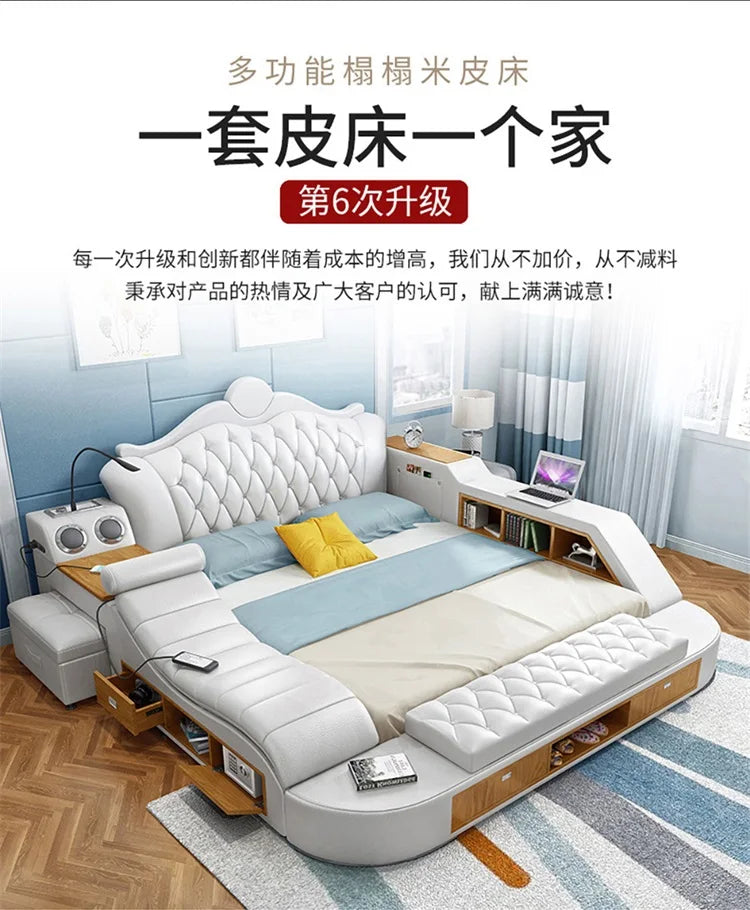 Modern white faux-leather double bed with integrated storage drawers, side shelves, speakers, and a tufted headboard.