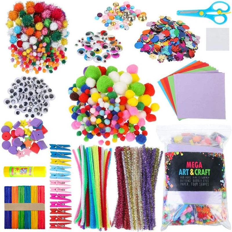 Comprehensive art and craft supply kit featuring colourful pom-poms, pipe cleaners, googly eyes, paper, and tools.