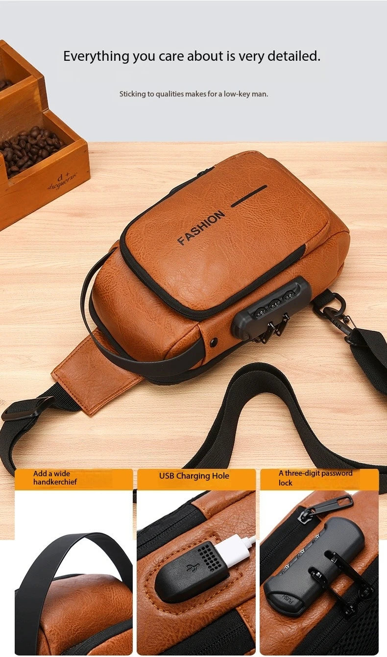 Tan anti-theft crossbody sling bag with USB charging port, three-digit password lock, and adjustable shoulder strap.