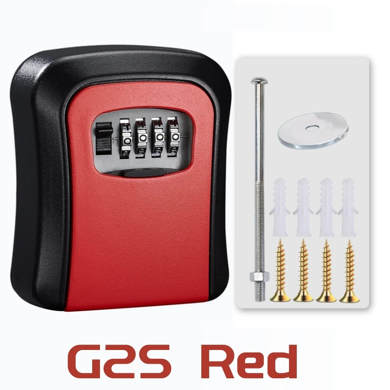 Red and black metal wall-mounted key lock box with a four-digit combination dial and included mounting hardware.