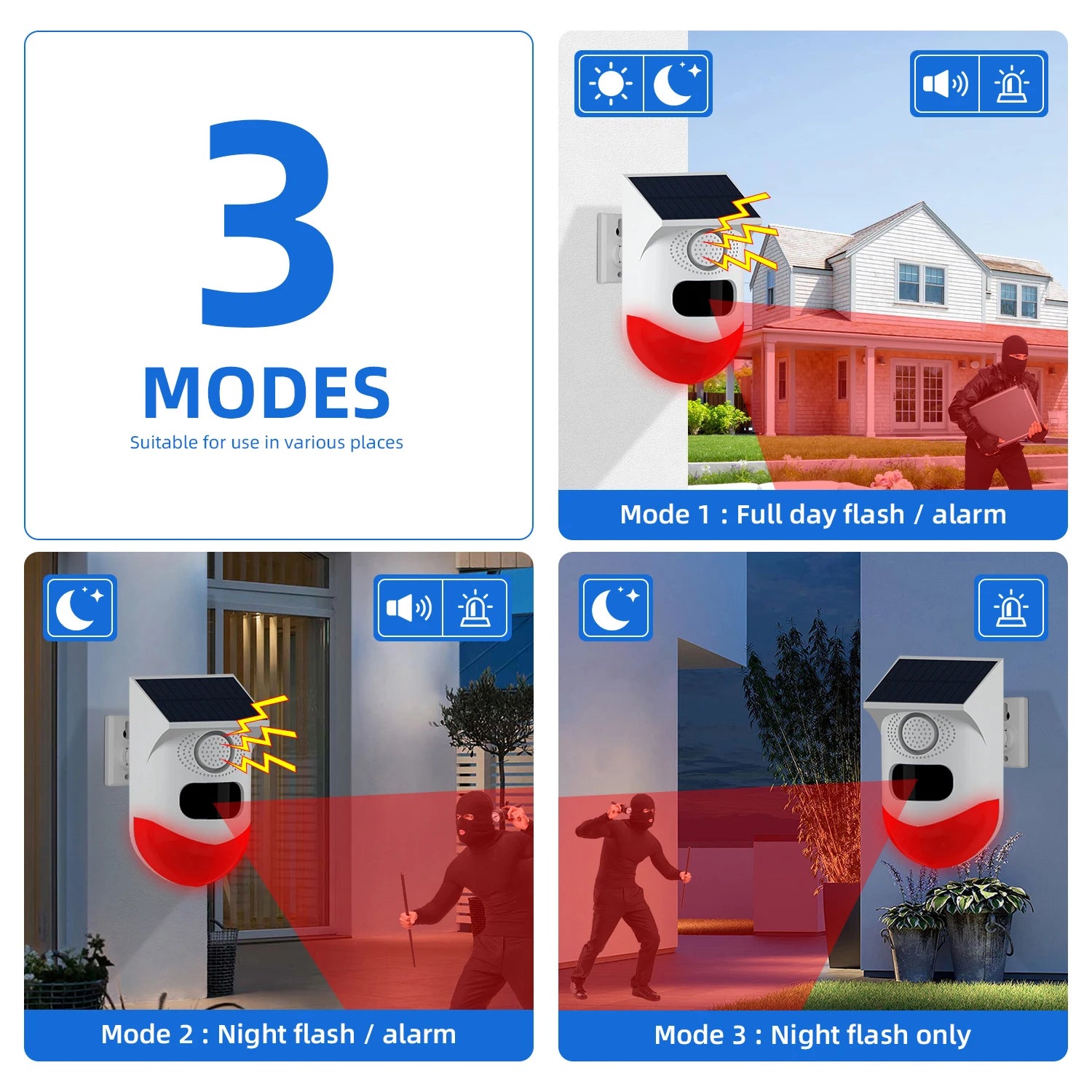 White solar-powered wireless security alarm with motion sensor, featuring three flash and siren modes for home safety.