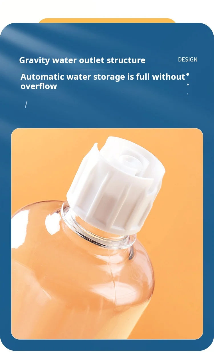 Close-up of a clear plastic pet water bottle with a white screw-on gravity feed cap against an orange background.