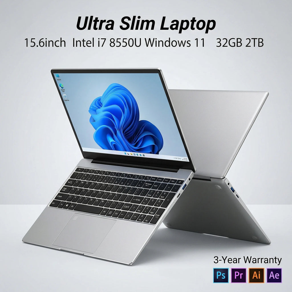 Slim silver 15.6-inch laptop with Windows 11, Intel i7, 32GB RAM, and 2TB storage. Full keyboard with numeric pad.