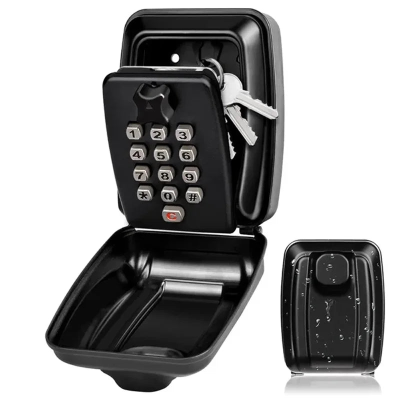 Black wall-mounted metal key lock box with a numeric keypad and internal hook, shown open and closed.