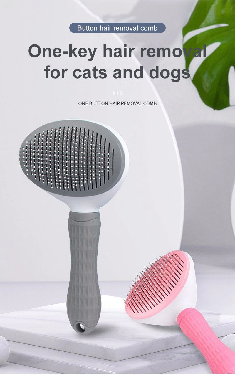 Grey and pink self-cleaning pet grooming brushes with textured handles for dogs and cats.