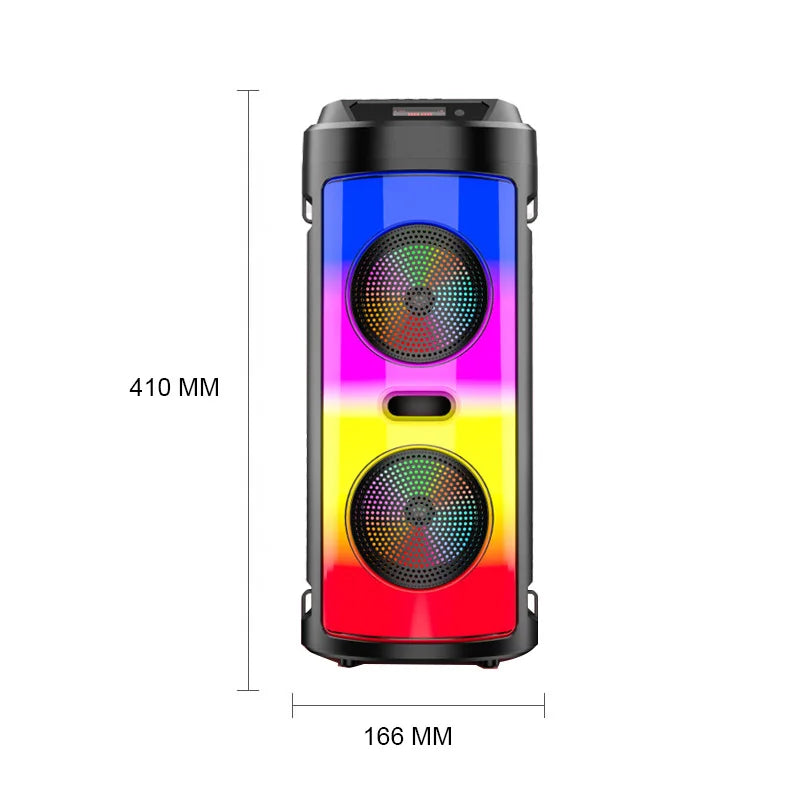 Portable 30W wireless speaker with dual drivers, colourful LED light display, and a sleek black vertical design.
